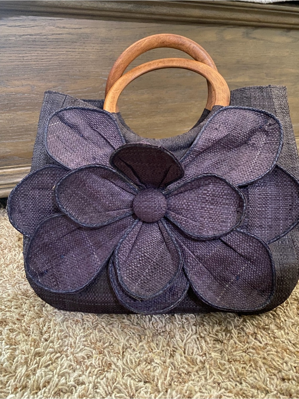 Women’s Floral Accent Handbag with Wooden Handles - Dark Purple